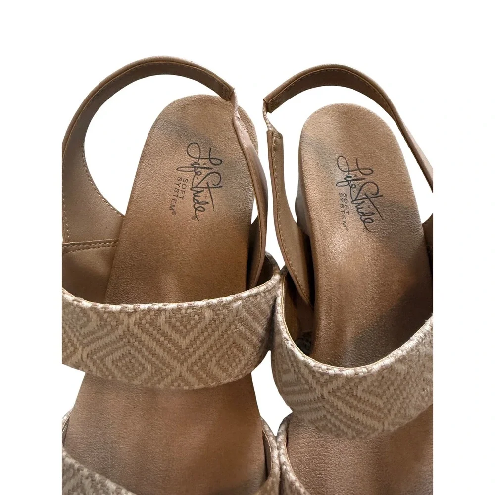 LifeStride Beige Herringbone Cork Wedge Sandals 9M - Pre-Loved Ready‎ for Summer